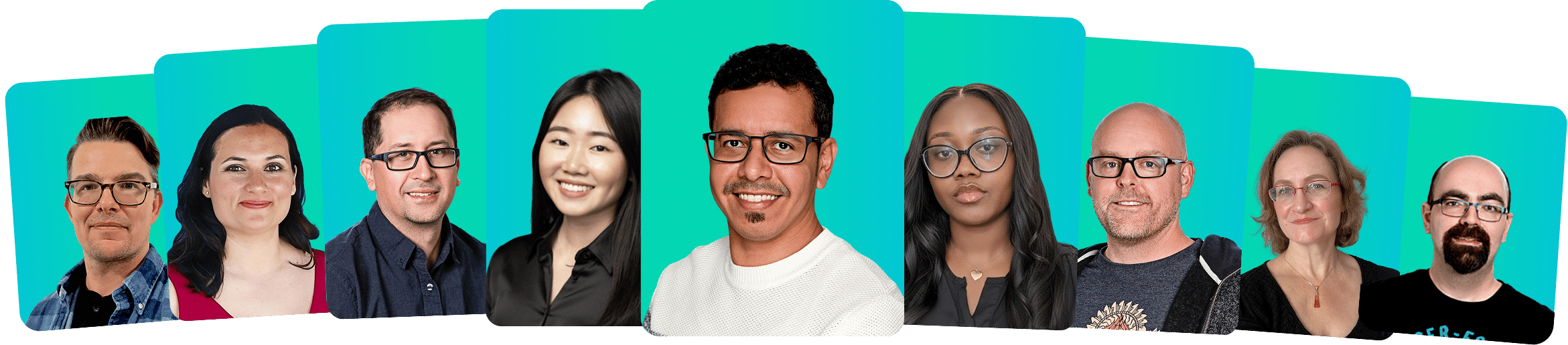 Diverse team of MASV professionals smiling in individual portrait headshots against a vibrant teal background, showcasing the company culture and people behind the brand on the About Us page.