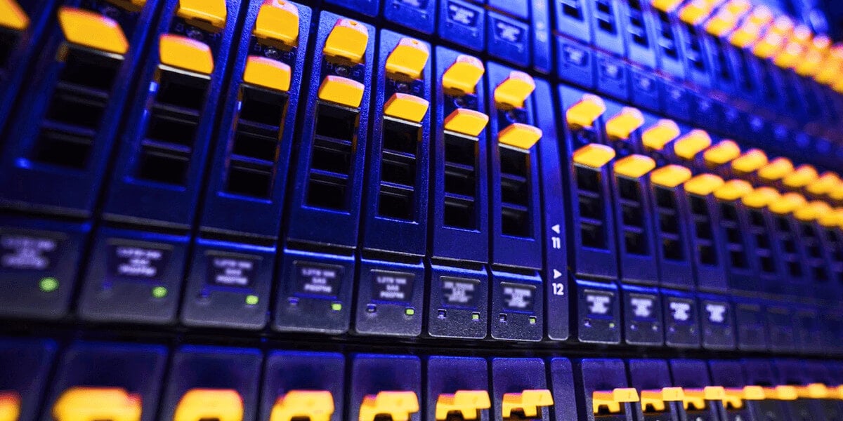 Close-up of a disk array. Storage area network (SAN) server hardware.