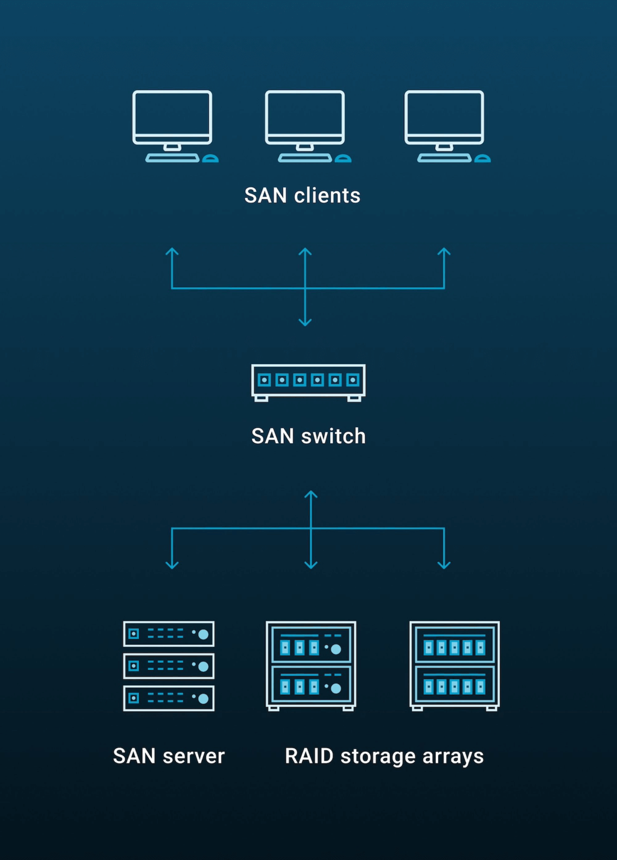 SAN diagram: Clients, switch, server, and RAID storage arrays connected. Network architecture.