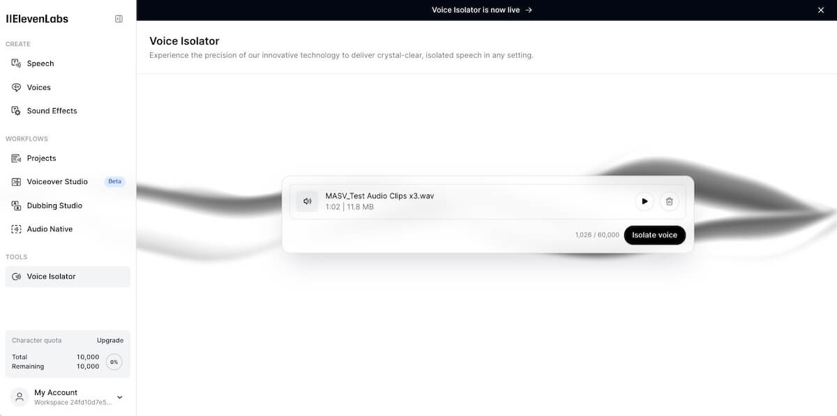 ElevenLabs Voice Isolator interface with an uploaded audio file and an “Isolate voice” button.