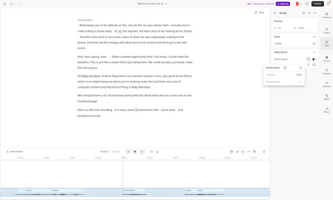 Descript showing a transcript-based audio editor with Studio Sound effect settings open.