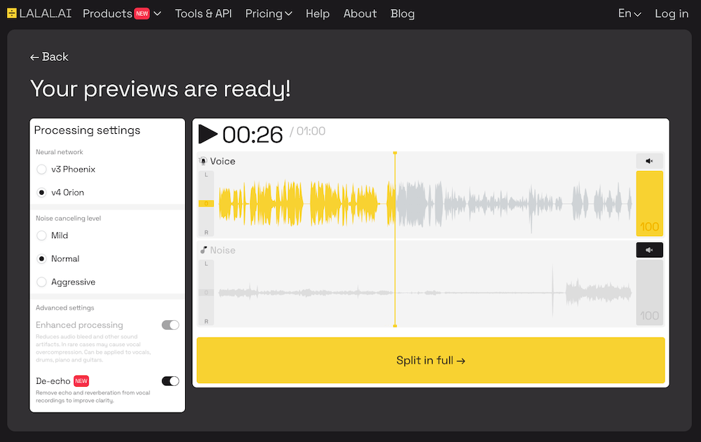 LALAL.AI showing audio preview waveforms with voice and noise separation settings.