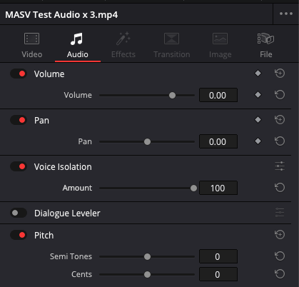 Audio editing panel with controls for volume, pan, voice isolation, dialogue leveler, and pitch.