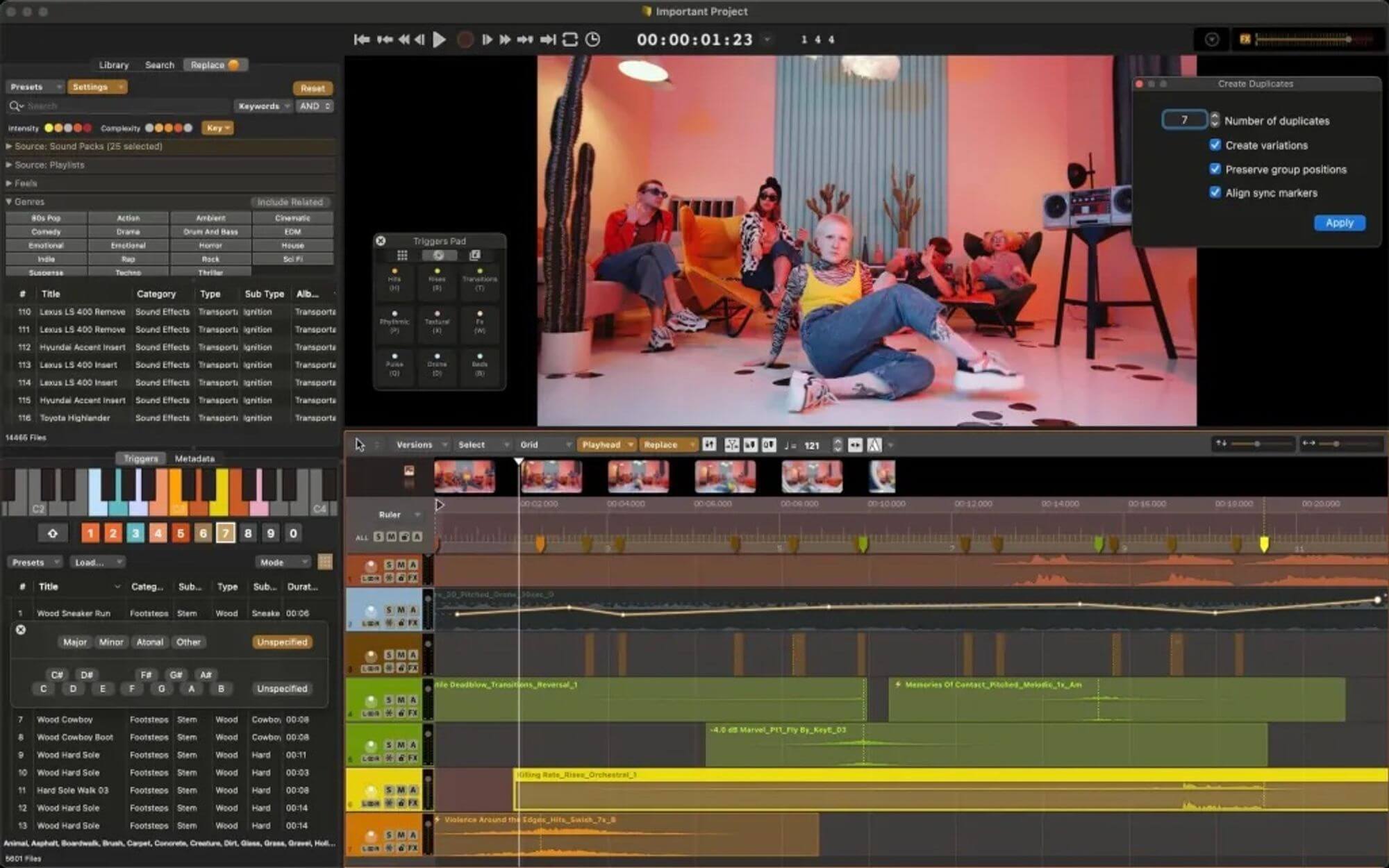 Video editing software with a preview window, sound library, and layered audio timeline.