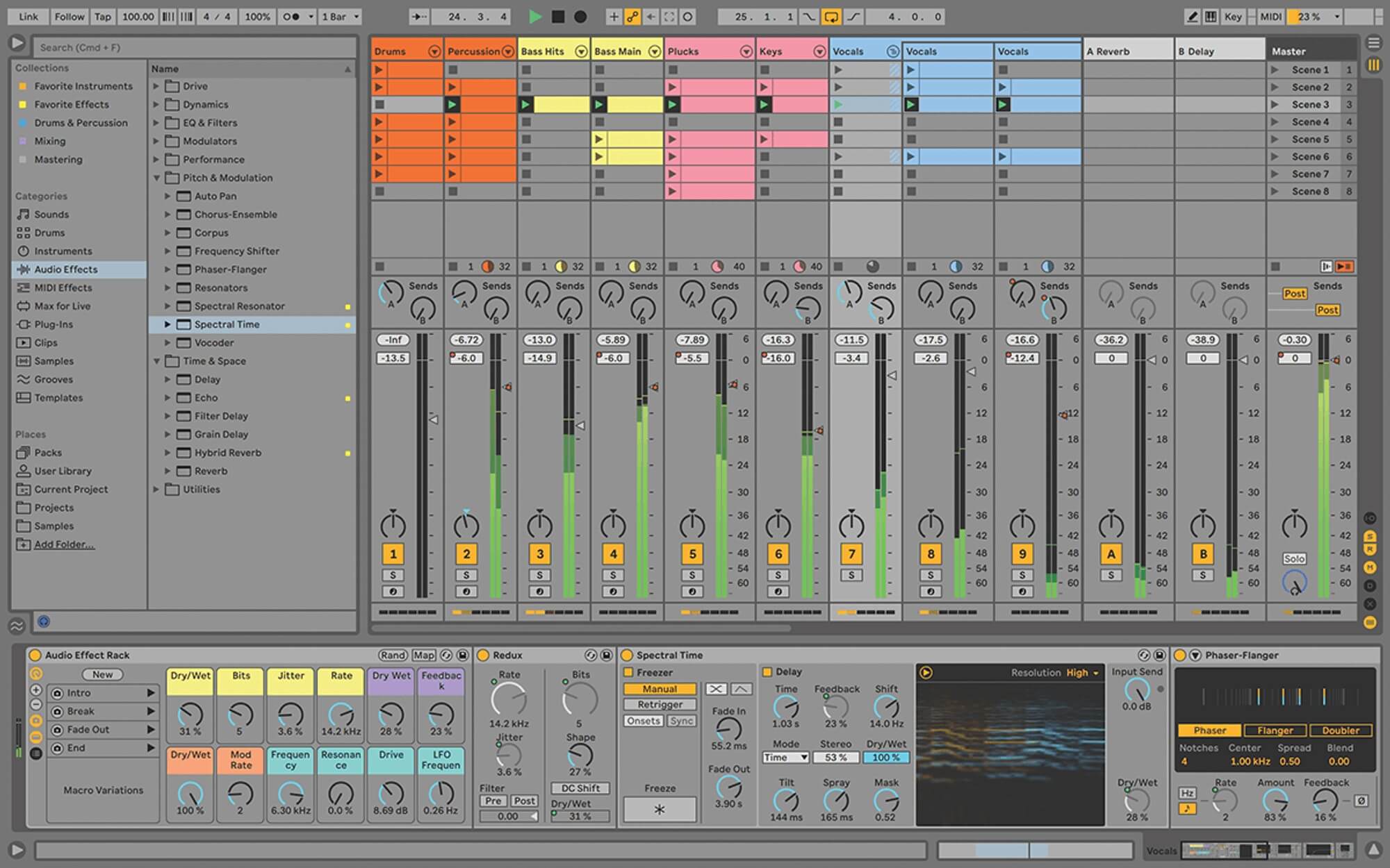 Ableton Live interface with session view, mixer channels, and audio effects panels.