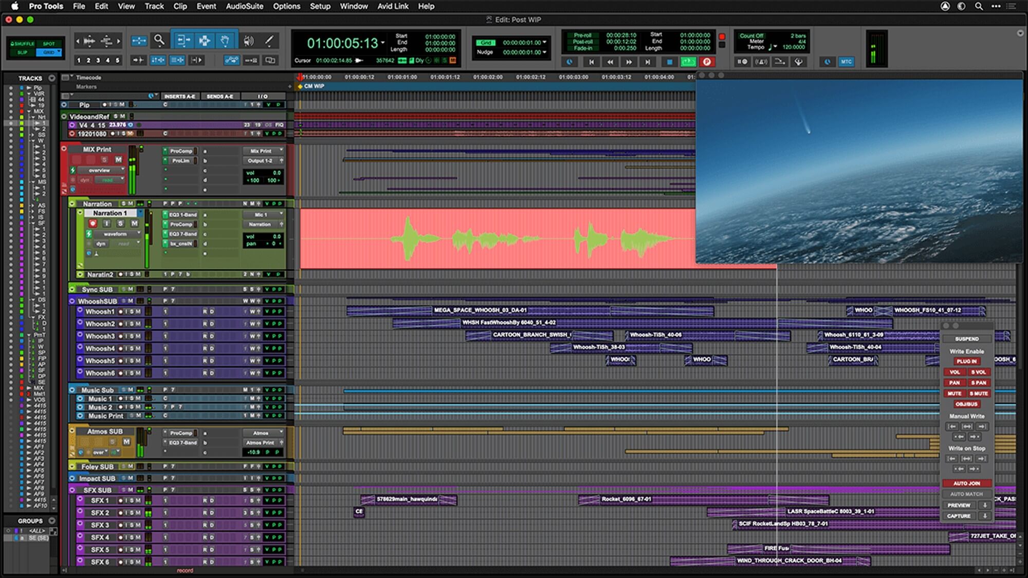 Pro Tools session with multiple audio tracks, waveforms, and a video preview window.