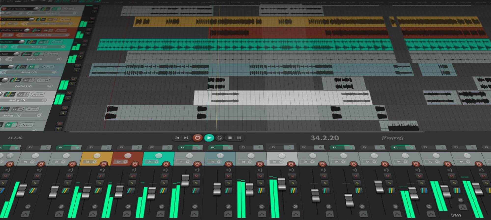 Digital audio workstation with multitrack waveforms and mixer controls.