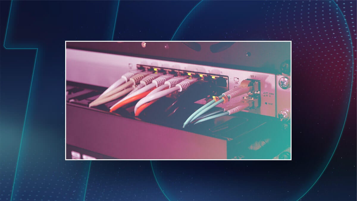 A close-up of Ethernet cables plugged into a network switch, displayed within a dark blue, futuristic digital-themed background with glowing lines and dots.