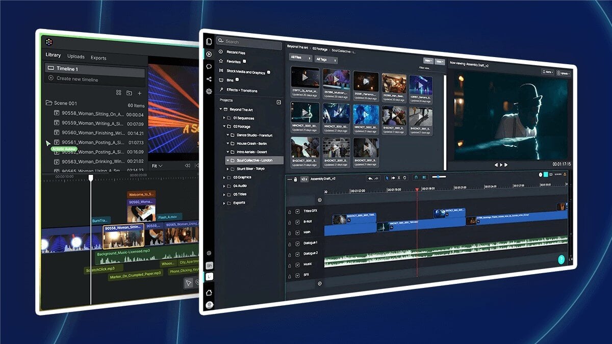  Two video editing software screens showing media libraries, preview windows, and timelines.
