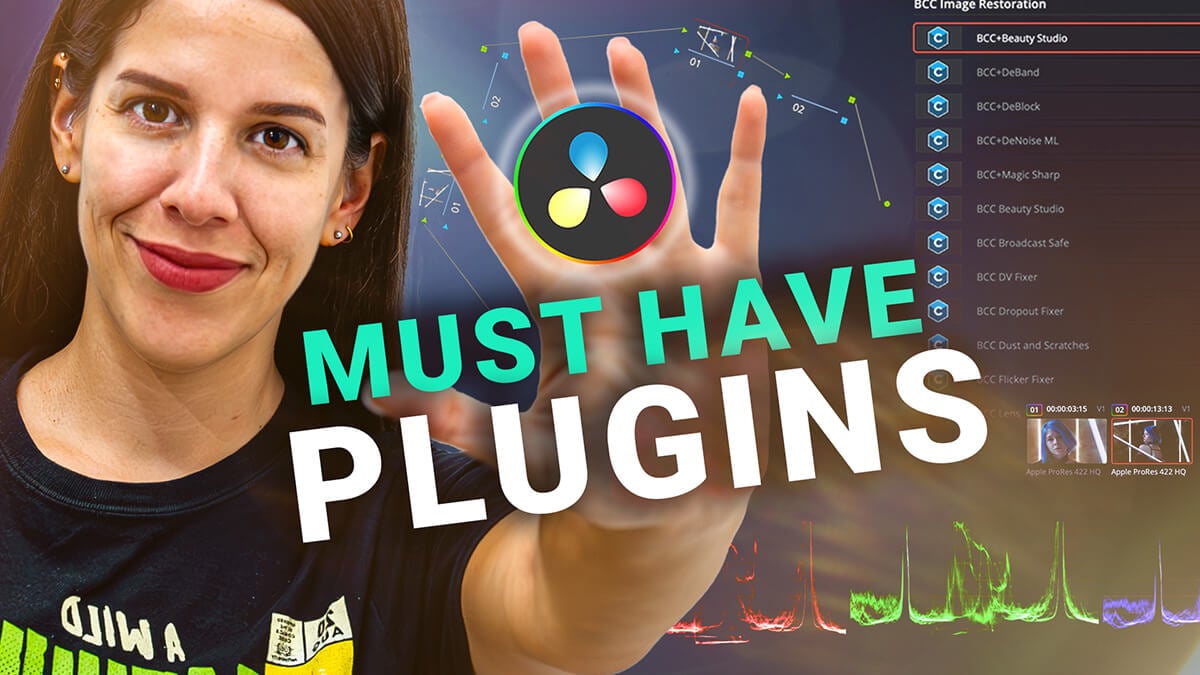 Thumbnail-style graphic of a woman holding up the DaVinci Resolve logo, with large text reading “Must Have Plugins.”