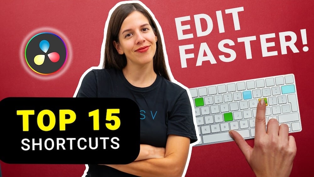 Thumbnail-style graphic of a woman beside the DaVinci Resolve logo and a keyboard, with text reading “Top 15 Shortcuts” and “Edit Faster!