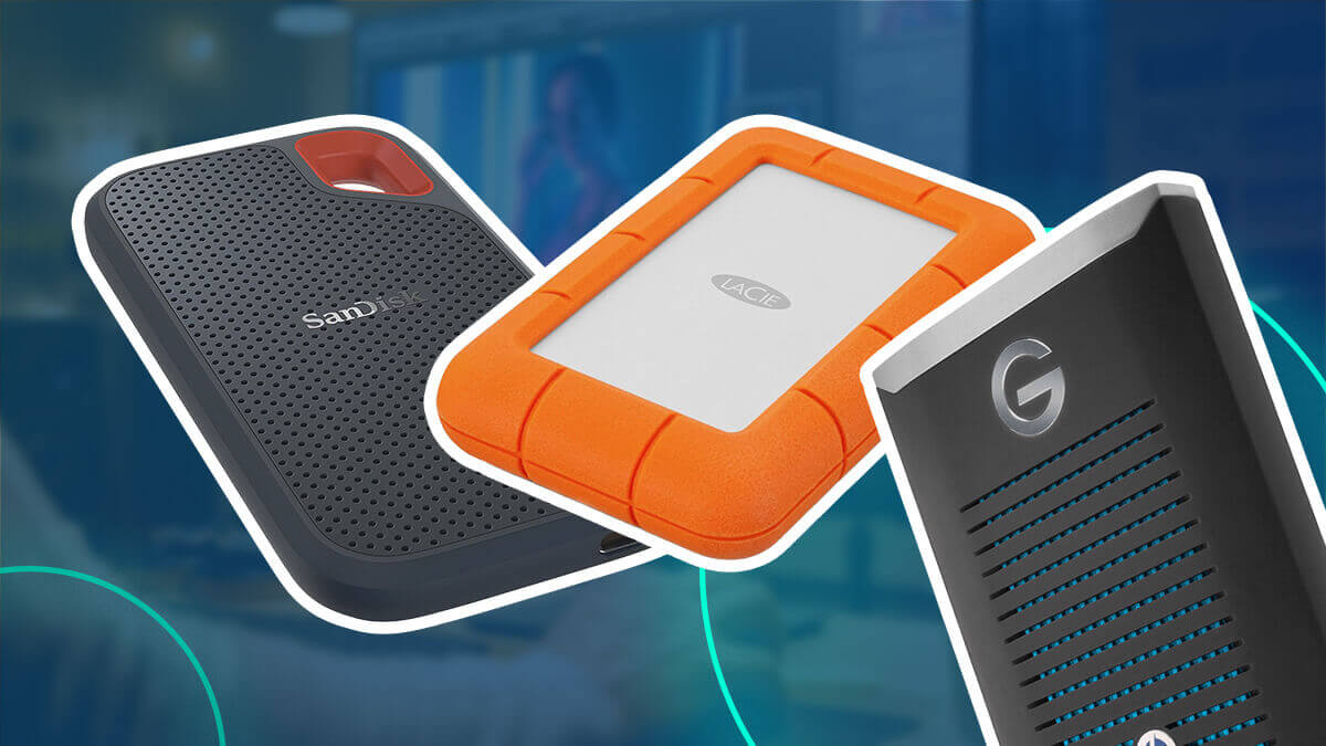 Three external hard drives—SanDisk, LaCie, and G-Drive—shown over a blurred blue background.