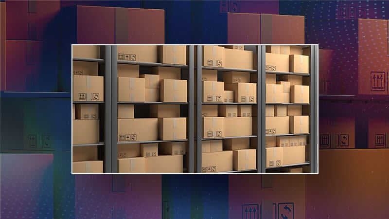 Shelves filled with stacked cardboard boxes in a warehouse.