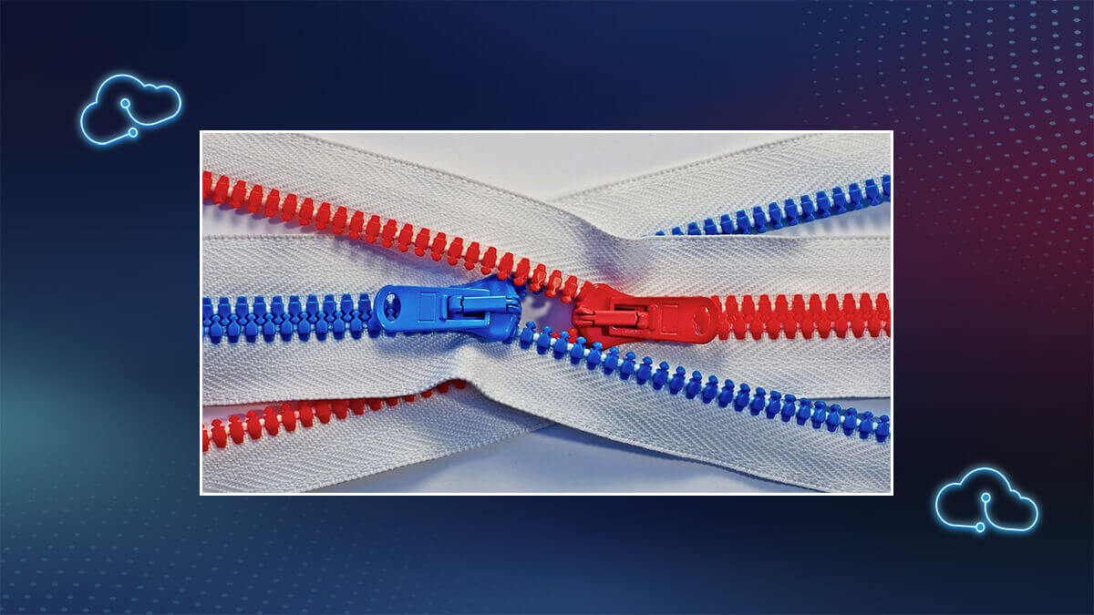 Close-up graphic of two intersecting zippers, one red and one blue, partly joined at the center on white fabric, set against a dark blue background with small cloud icons.