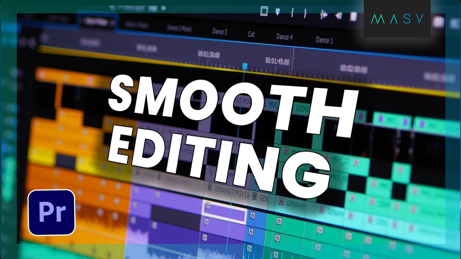Close-up graphic of a video editing timeline in Adobe Premiere Pro with colorful tracks and large white text reading “SMOOTH EDITING,” plus the Premiere Pro logo in the bottom left.