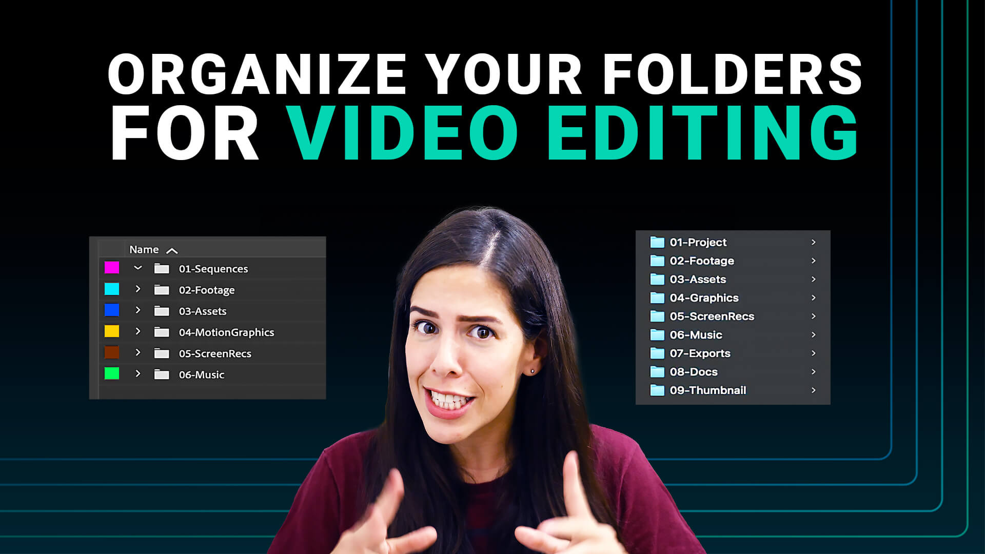 Woman gesturing beneath the text “Organize Your Folders for Video Editing,” with folder list examples on both sides.