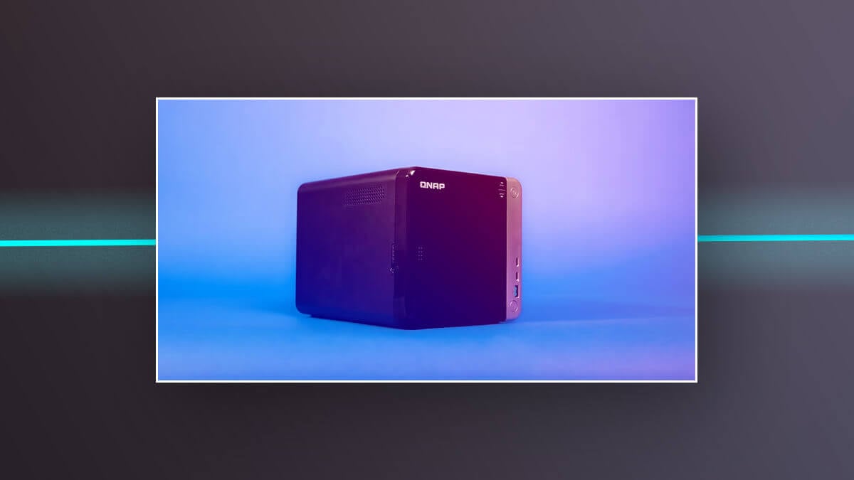 QNAP NAS device on a blue and purple gradient background.