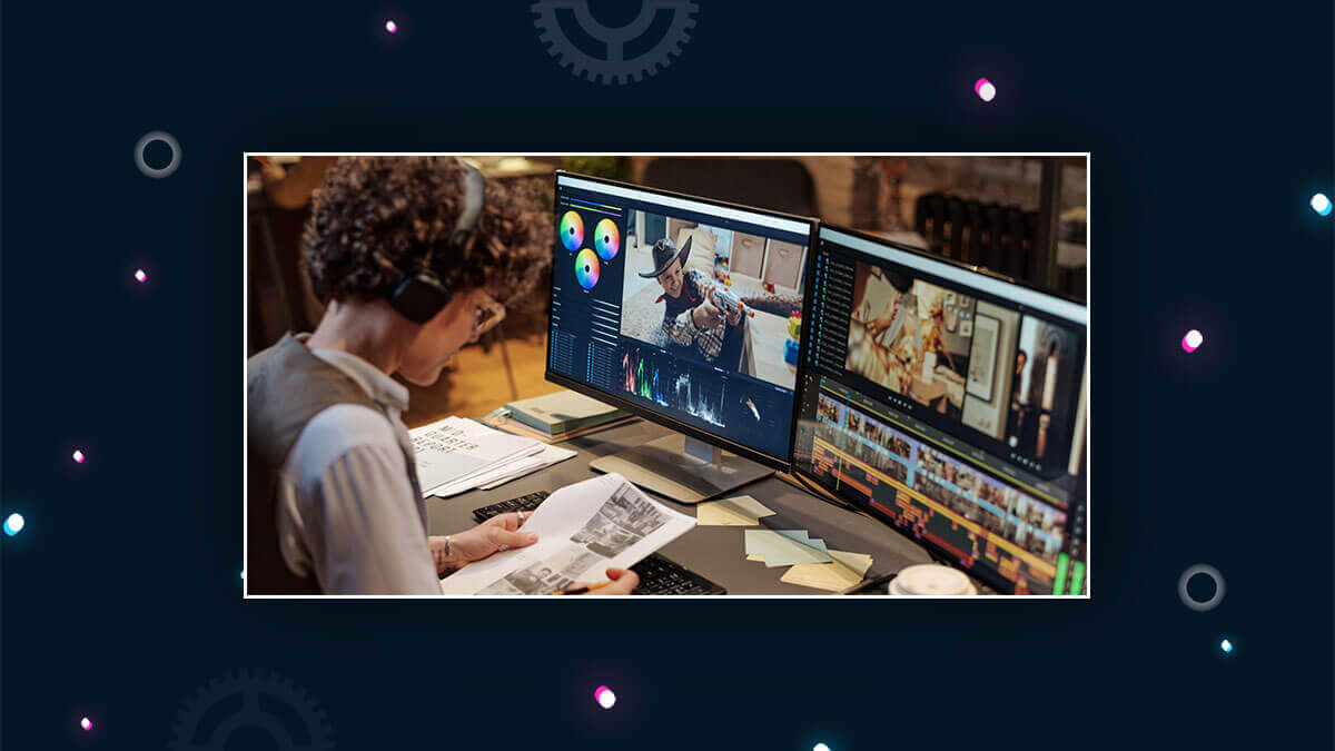 A video editor reviews a storyboard in front of her computer