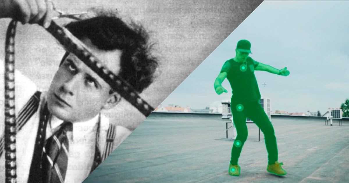 Split image showing old film editing on the left and modern motion tracking on the right.