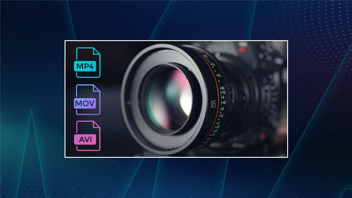 Camera lens beside icons for MP4, MOV, and AVI video file formats.
