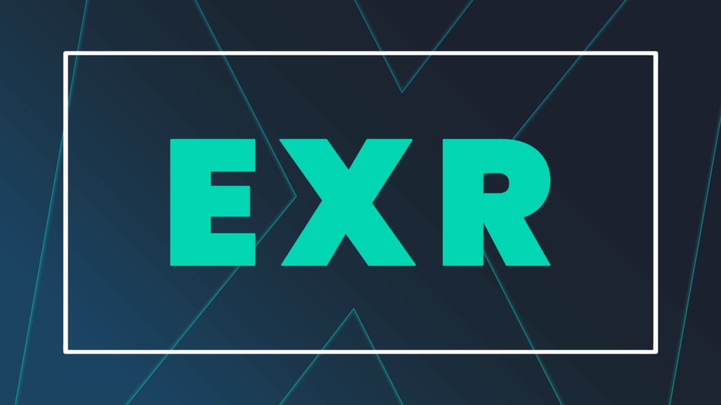 Large teal letters “EXR” on a dark background.