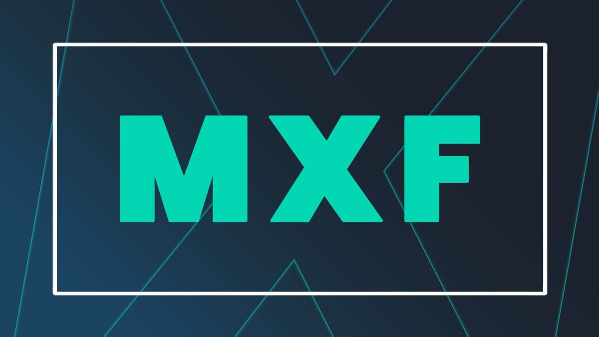 Large teal letters “MXF” on a dark background.