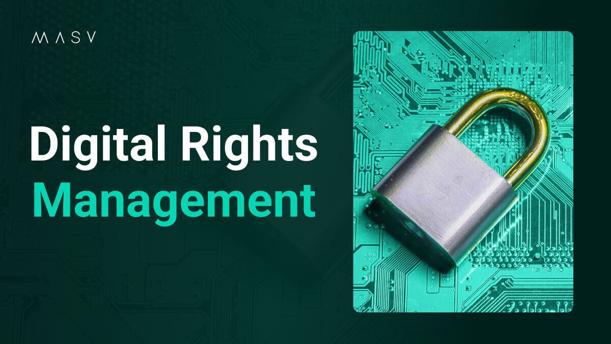 Text reading “Digital Rights Management” beside a padlock on a circuit board.