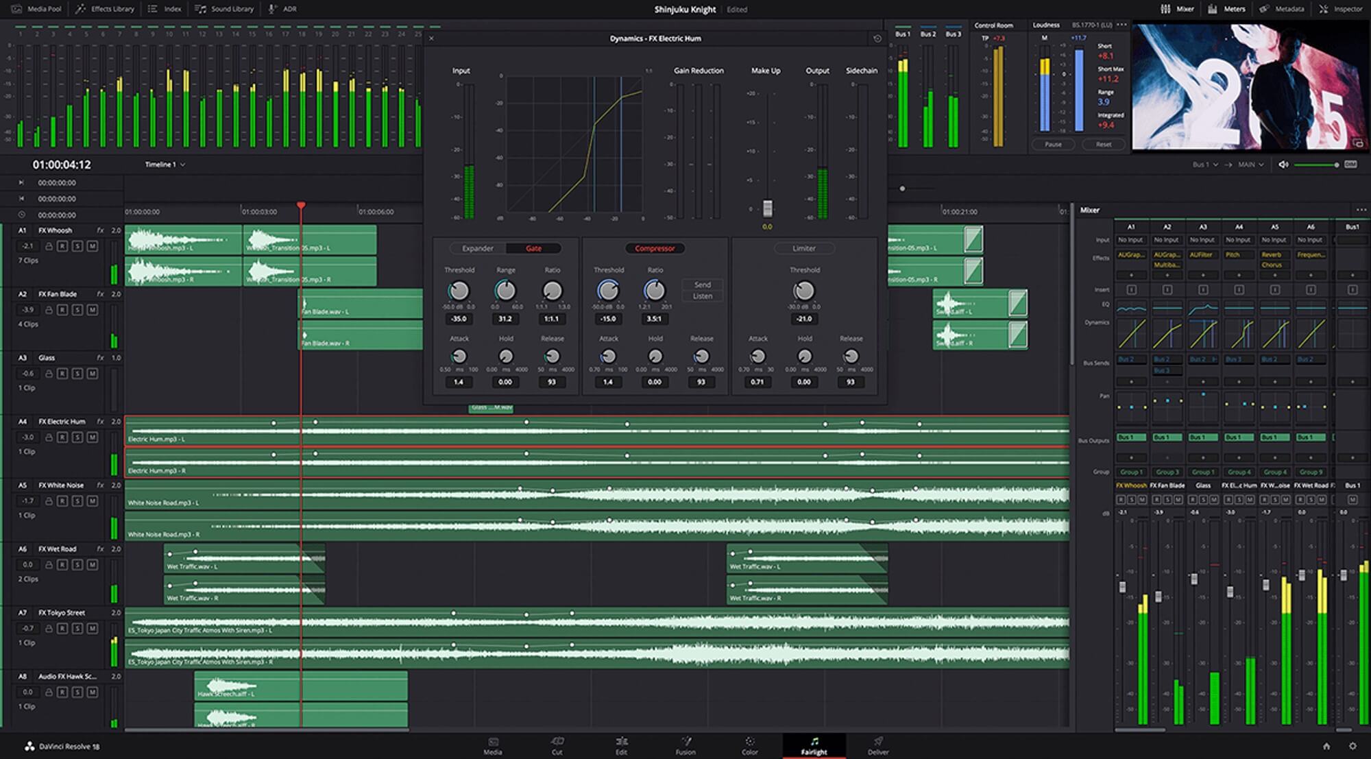 Professional audio editing interface with multiple tracks, waveforms, mixer levels, and dynamics controls.