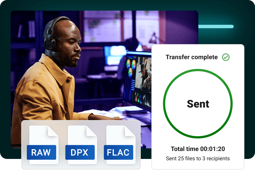 Video editor at a workstation with RAW, DPX, and FLAC files and a transfer complete message showing files successfully sent.