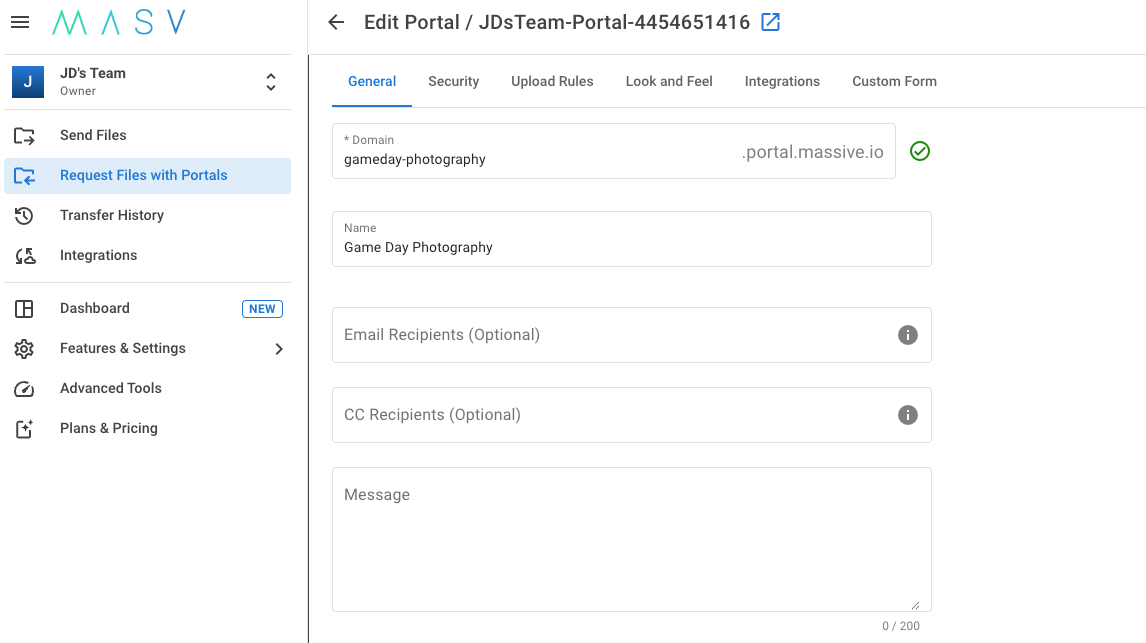 MASV portal settings page for “JD’s Team,” with the “Request Files with Portals” section selected in the left sidebar and the General tab open for editing a portal named “Game Day Photography.”