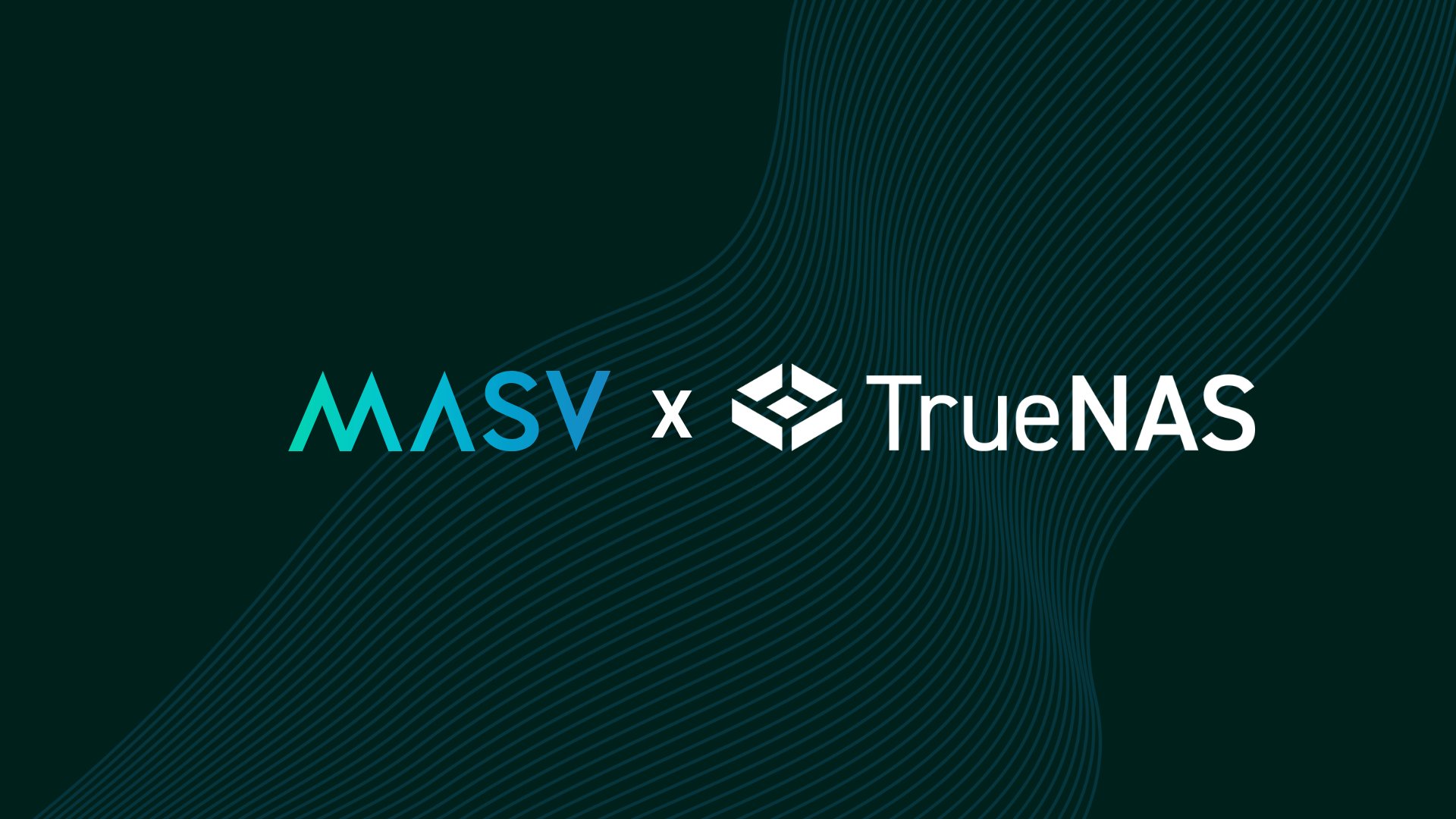 MASV x TrueNAS logo on a dark green background with flowing blue line patterns.