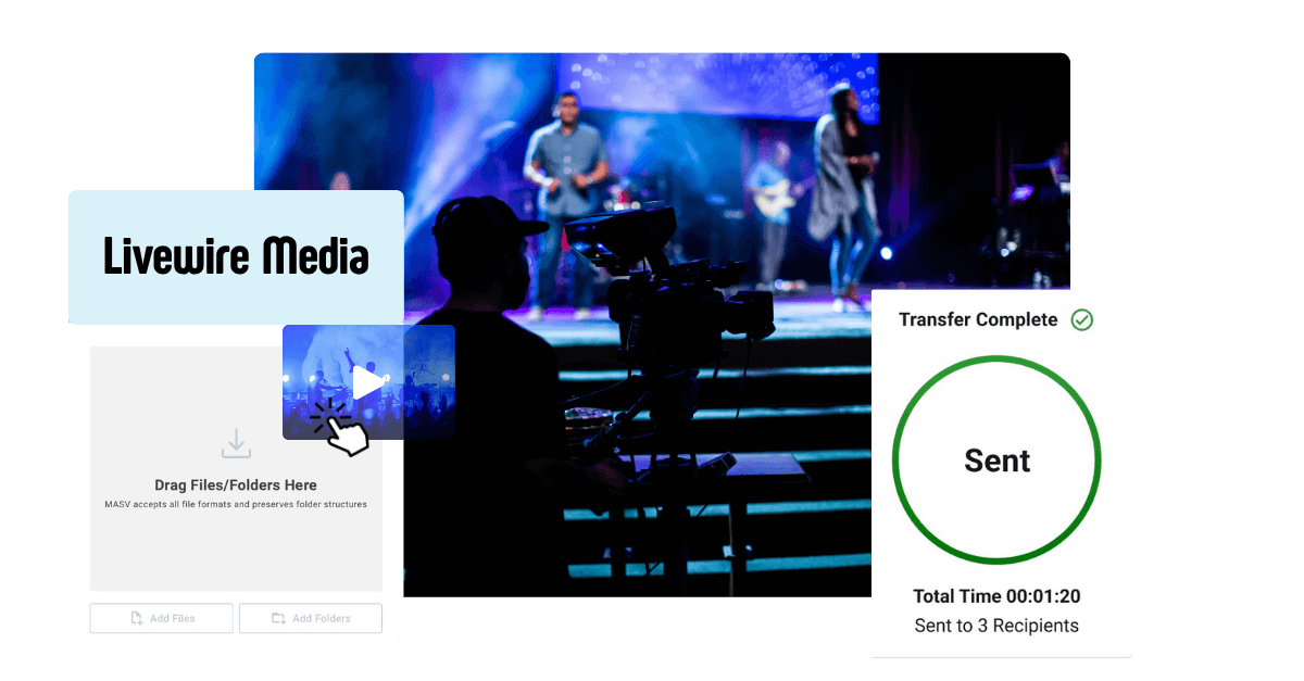 Concert video production graphic with a Livewire Media upload portal and transfer complete message.