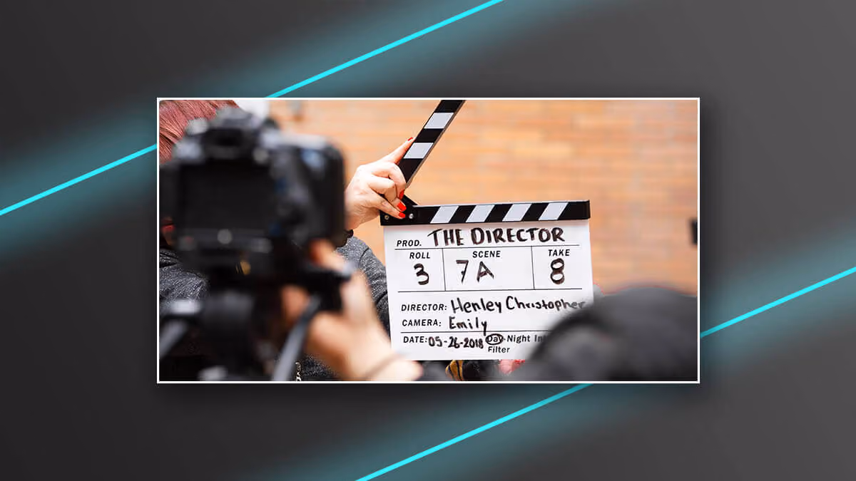 Film clapperboard held in front of a camera during a shoot.