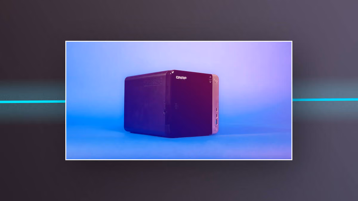 QNAP NAS device on a blue and purple gradient background.