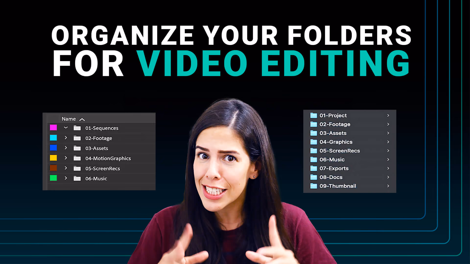 Woman gesturing beneath the text “Organize Your Folders for Video Editing,” with folder list examples on both sides.