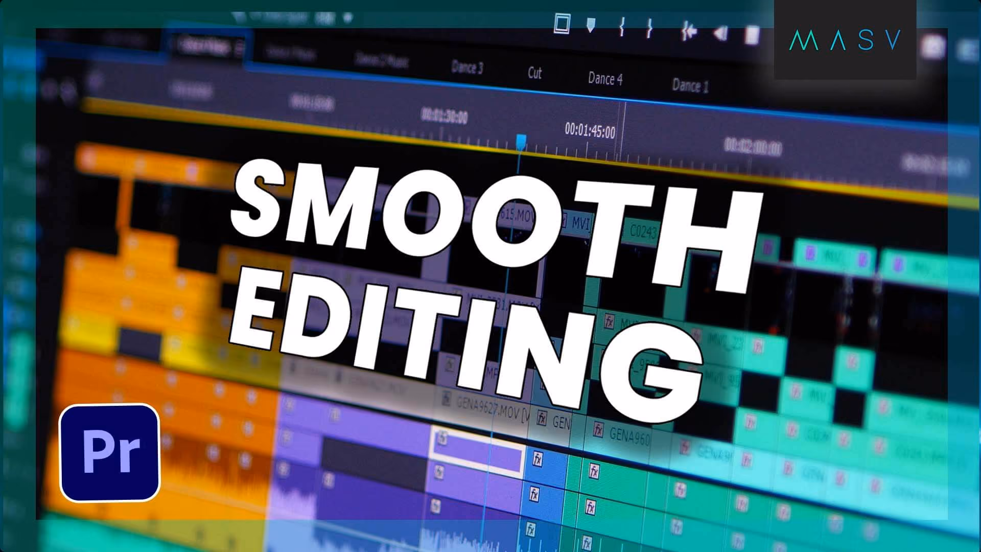 Close-up graphic of a video editing timeline in Adobe Premiere Pro with colorful tracks and large white text reading “SMOOTH EDITING,” plus the Premiere Pro logo in the bottom left.