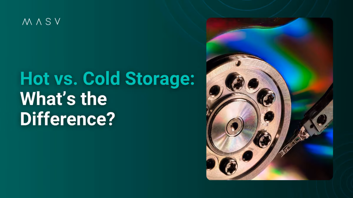 MASV graphic titled “Hot vs. Cold Storage: What’s the Difference?” with a close-up of a hard drive.