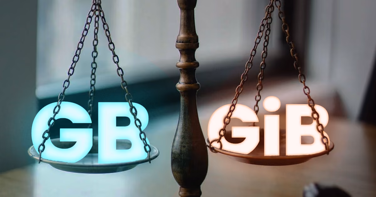 Balance scale with glowing “GB” and “GiB” text on each side.