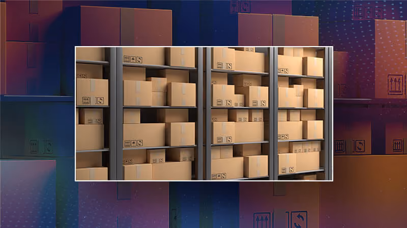 Shelves filled with stacked cardboard boxes in a warehouse.