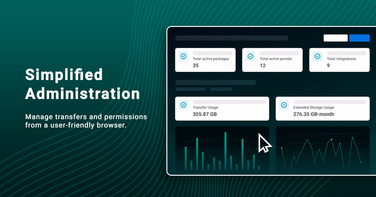 “Simplified Administration” beside a dashboard showing transfer and storage metrics.