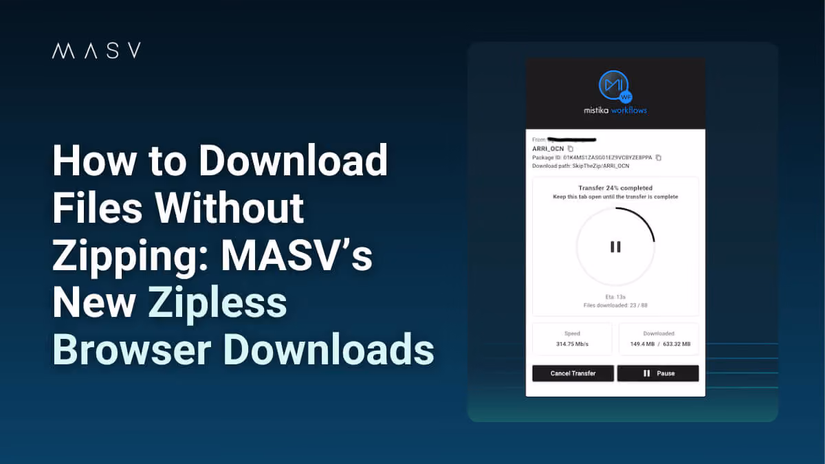 MASV graphic promoting zipless browser downloads with a file transfer screenshot.