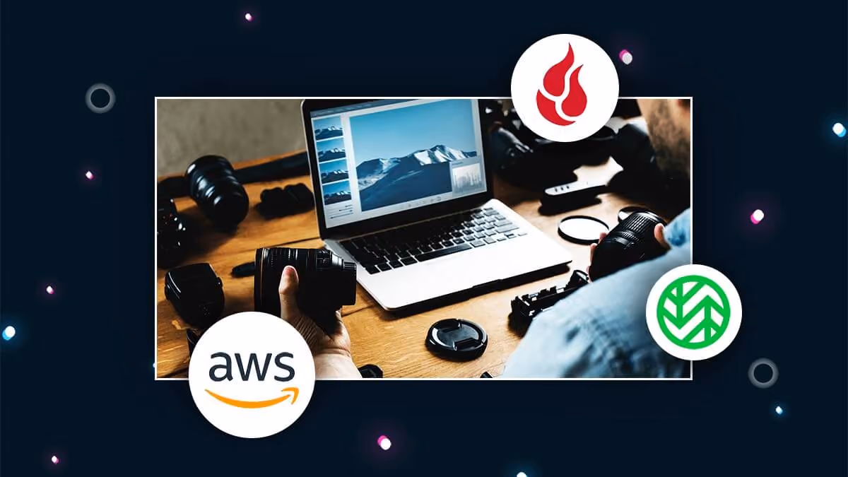 Laptop photo-editing workspace with camera gear, overlaid with AWS, Wasabi and Backblaze logos.
