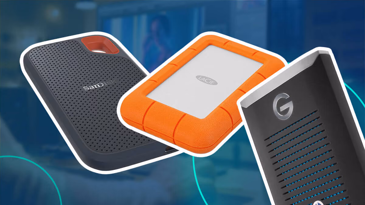 Three external hard drives—SanDisk, LaCie, and G-Drive—shown over a blurred blue background.