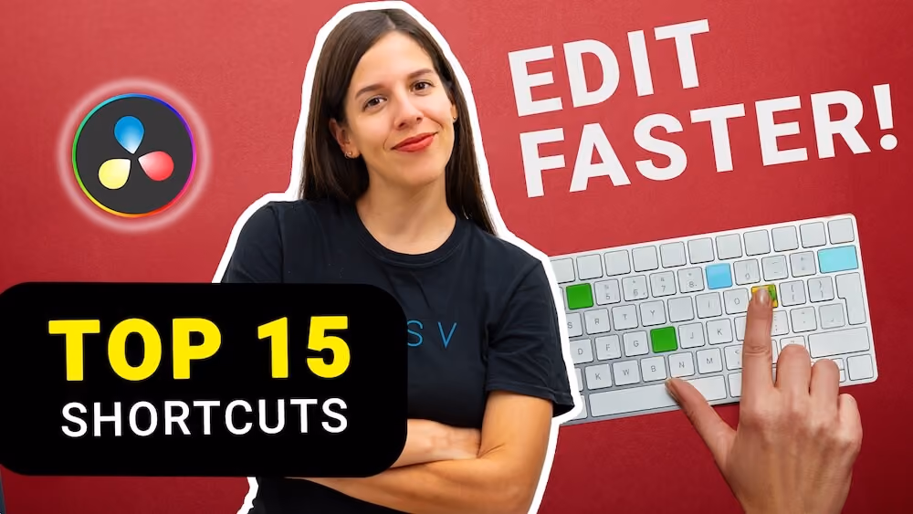 Thumbnail-style graphic of a woman beside the DaVinci Resolve logo and a keyboard, with text reading “Top 15 Shortcuts” and “Edit Faster!