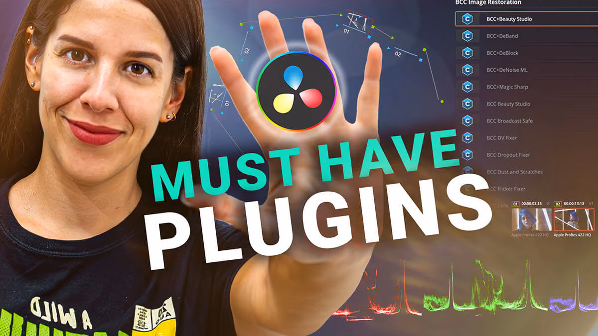 Thumbnail-style graphic of a woman holding up the DaVinci Resolve logo, with large text reading “Must Have Plugins.”