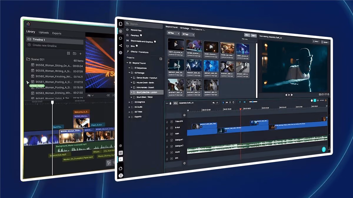  Two video editing software screens showing media libraries, preview windows, and timelines.