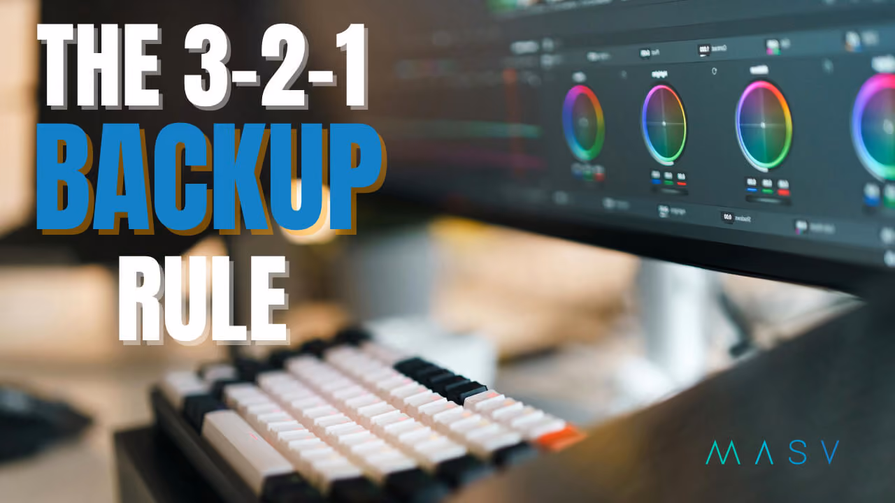 Alt text: Graphic reading “The 3-2-1 Backup Rule” over a blurred computer monitor and white keyboard, with the MASV logo at bottom right.