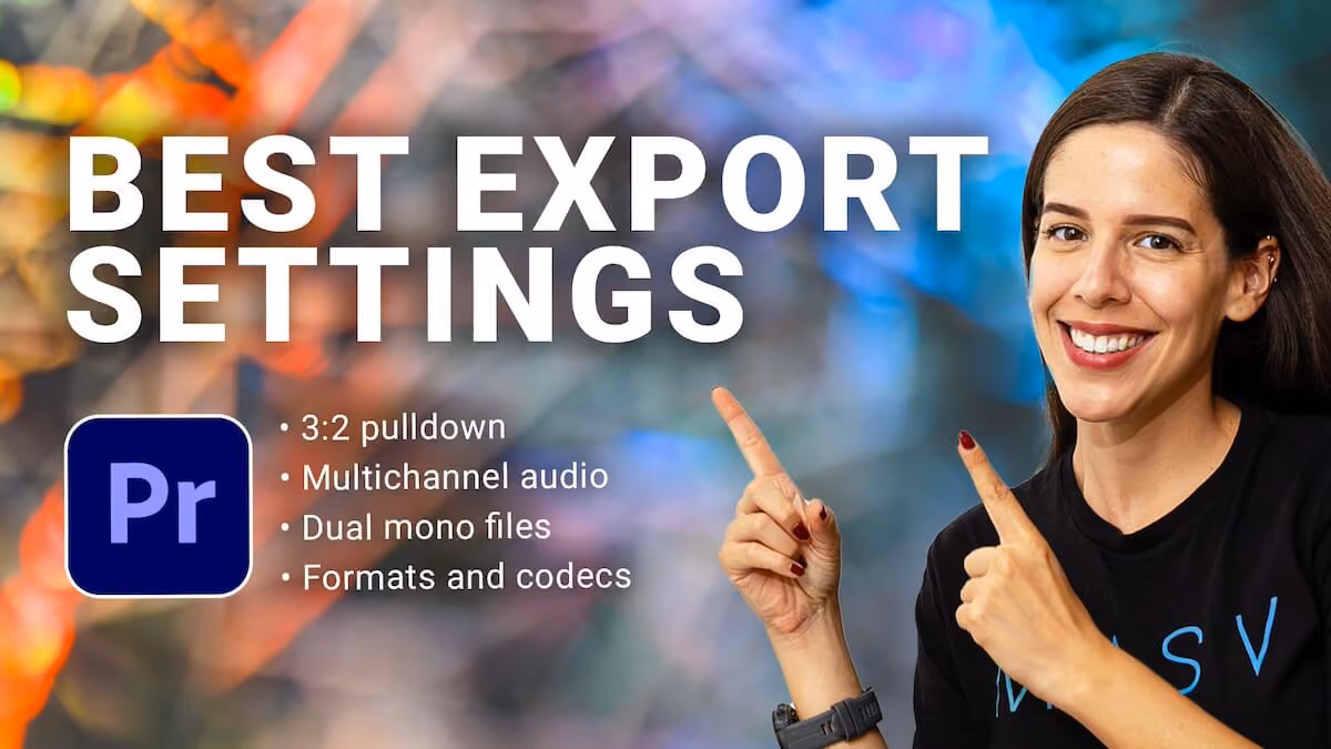 “Best Export Settings” with a woman pointing at the text and the Premiere Pro logo.