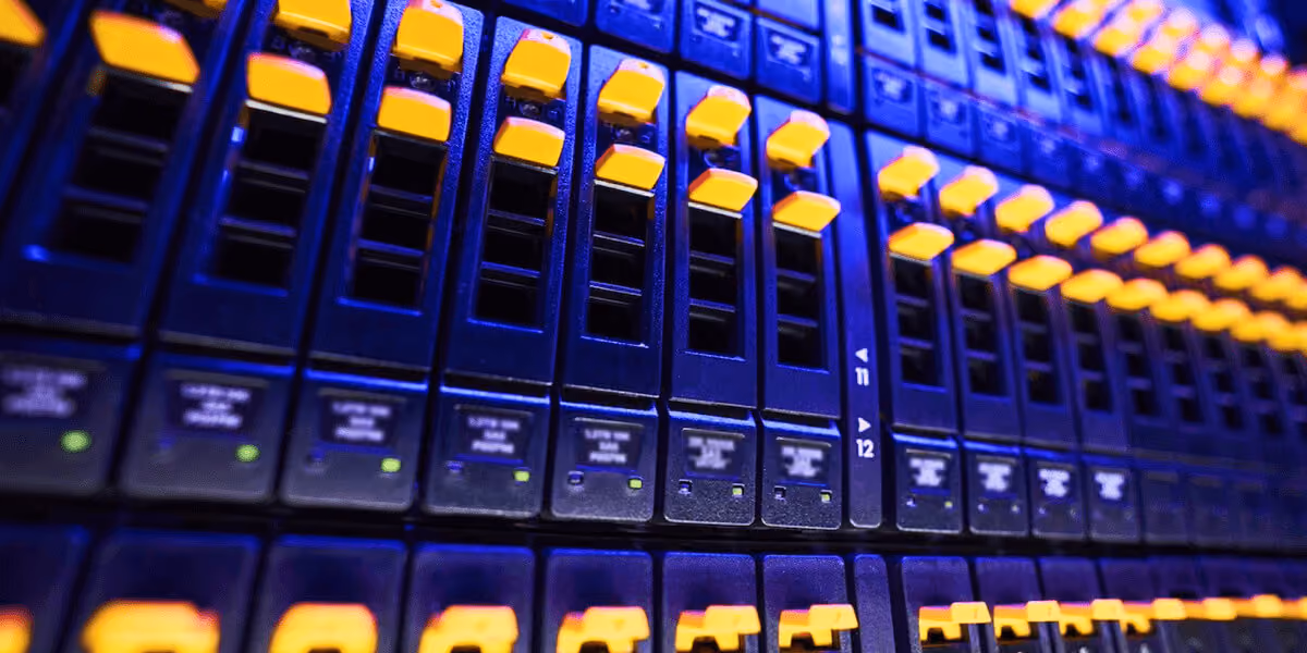 Close-up of a disk array. Storage area network (SAN) server hardware.