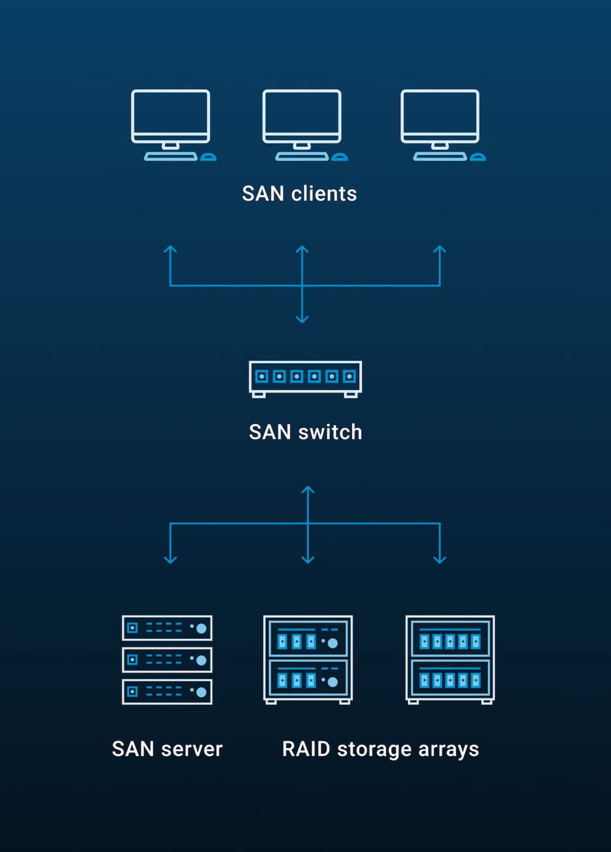 SAN diagram: Clients, switch, server, and RAID storage arrays connected. Network architecture.